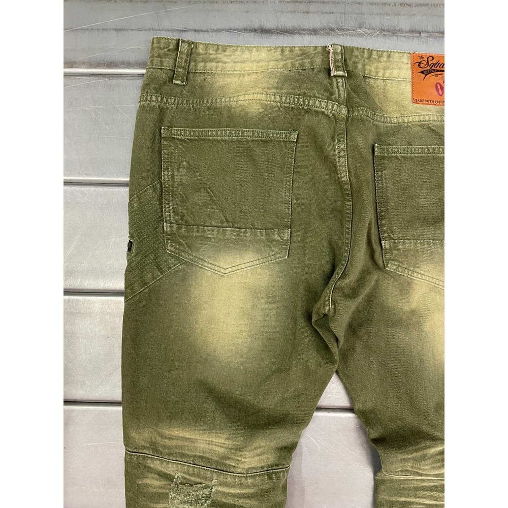 Square Zero Slim Straight Jeans Mens 40x33 Green Denim Faded Distressed Moto - Picture 13 of 16